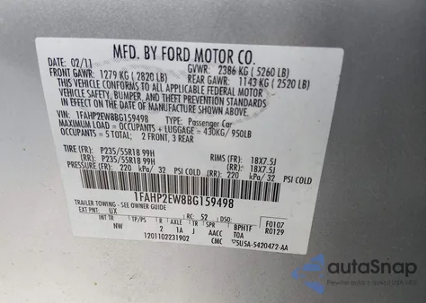 2011 Ford Taurus Sel z USA, uszkodzony, nr VIN 1FAHP2EW8BG159498